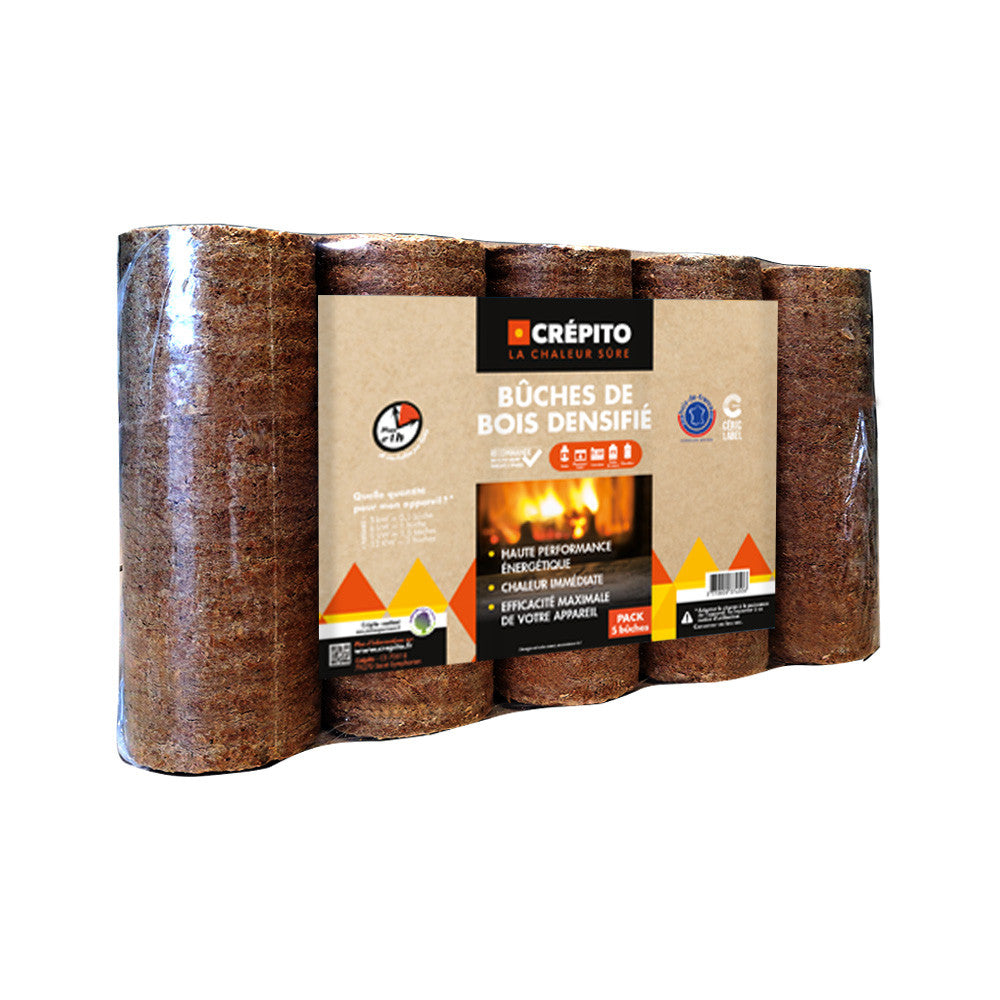Pack Crépito de 5 bûches de bois densifié rondes